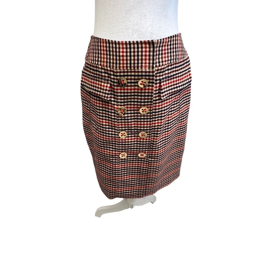 Etcetera Plaid Pencil Skirt Gold Button‎ Front Red Navy Sz 8 Academia Classic